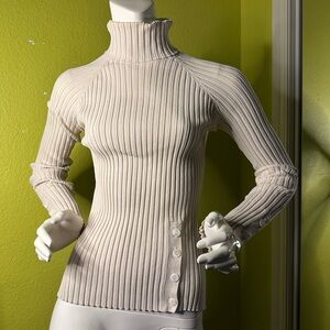 Cream Turtleneck Ribbed Longsleeve With Button Detailings